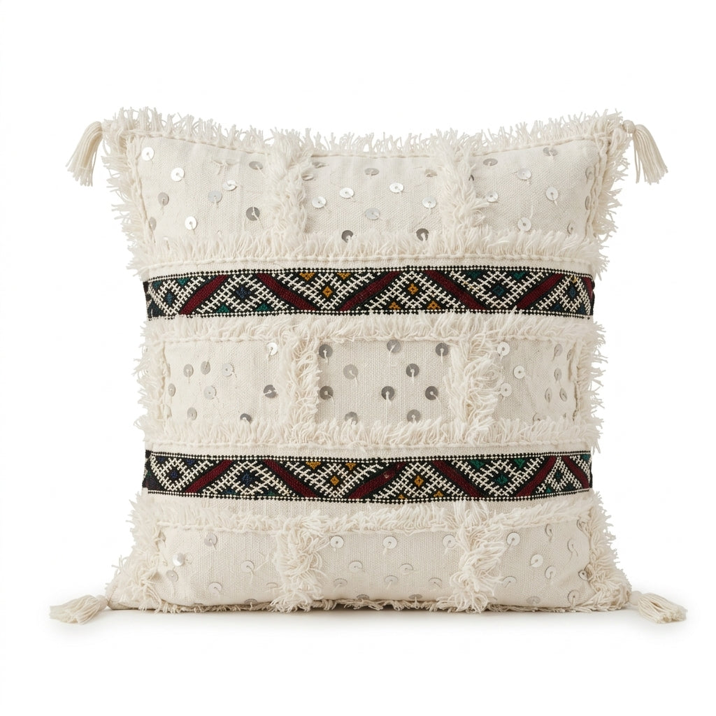 Housse de coussin TIZIRI Ivoire Atlas - AYYUR, décoration marocaine artisanale